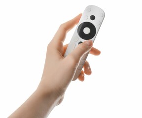 Woman with remote control on white background, closeup