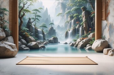 Serene landscape painting depicts misty mountains, cascading waterfalls, and a tranquil pool.  Perfect for meditation or yoga space.