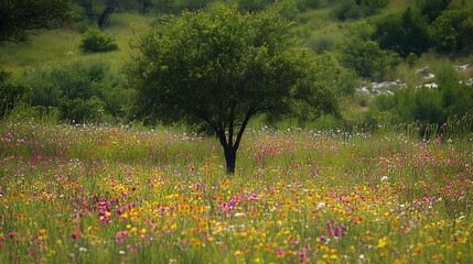A green tree growing tall in the middle of a field full of blooming wildflowers
