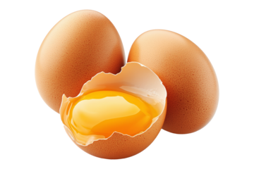Whole brown eggs and cracked egg with yolk spilling out eggshell, isolated on white transparent background. Concept of Easter, food, fertility, and organic nutrition