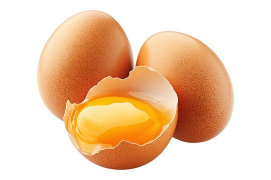 Whole brown eggs and cracked egg with yolk spilling out eggshell, isolated on white transparent background. Concept of Easter, food, fertility, and organic nutrition