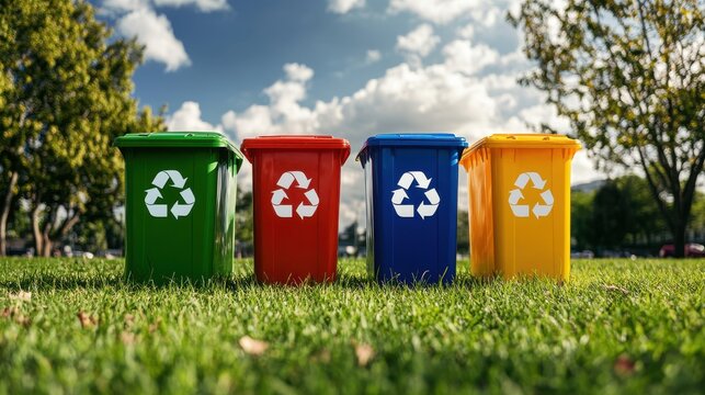 Four vibrant recycling bins stand on grass, promoting waste segregation with clear recycling symbols under a sunny sky.