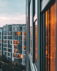 Obraz premium Modern apartment buildings reflecting warm evening light against a cloudy sky in an urban setting