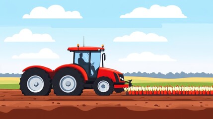 Vibrant Red Tractor Tilling Soil in Sunny Agricultural Landscape with Blue Sky and Clouds