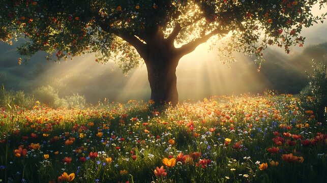 A tree growing in the center of a field of wildflowers with sunlight pouring through the leaves