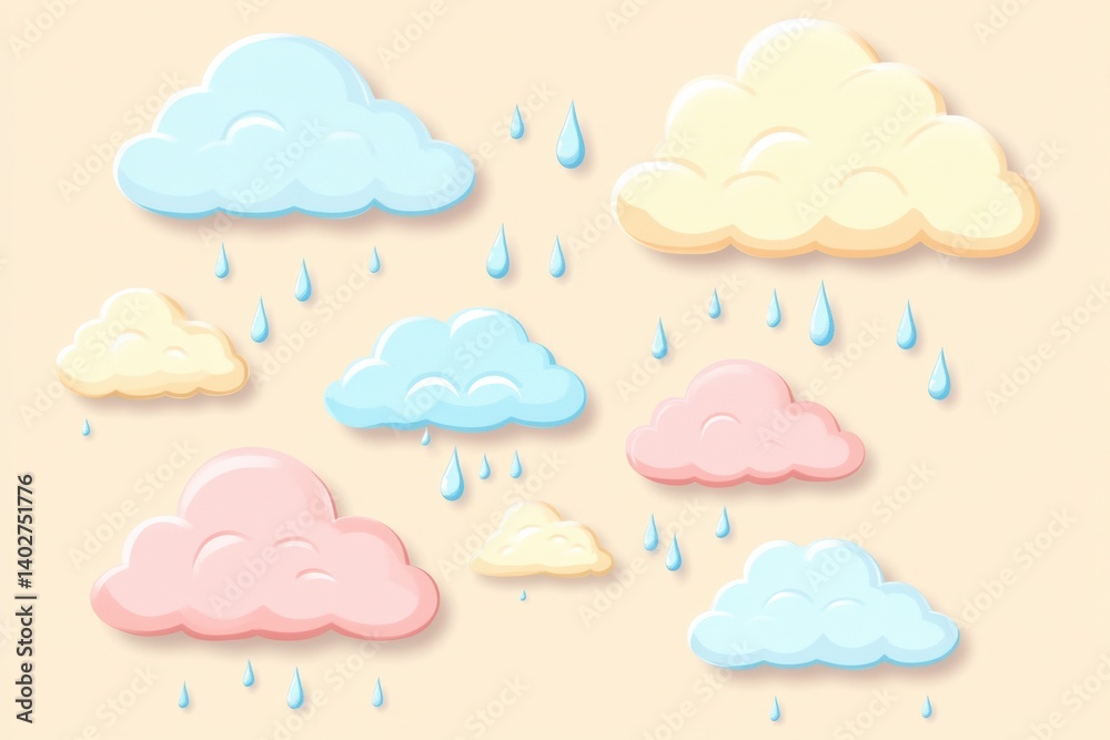 Leinwandbilder Soft pastel clouds with gentle raindrops creating a tranquil atmosphere on a neutral background