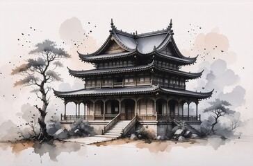 Serene watercolor painting of an East Asian temple nestled amongst stylized trees and rocks.  The architecture is detailed, conveying a sense of peace and tranquility.