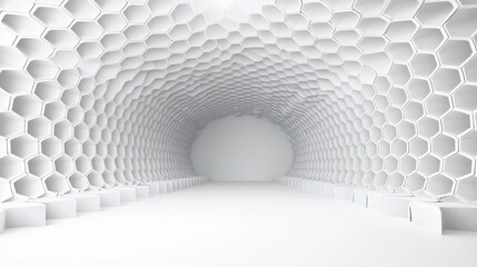 A white tunnel with hexagonal walls and a flat floor.