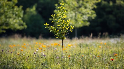 Fototapeta premium A young green tree sprouting in the center of a wildflower meadow