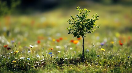 Fototapeta premium A young green tree sprouting in the center of a wildflower meadow