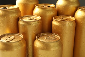 Many wet tin cans as background, closeup