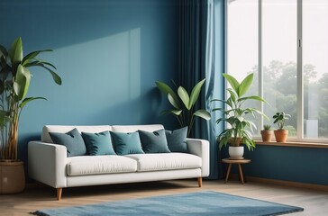 Serene living room with teal walls, white sofa, and lush greenery.  Sunlight streams through a large window, illuminating the space.
