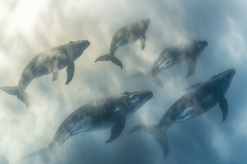 Fototapeta premium Five humpback whales gracefully swim in a misty ocean, a serene underwater ballet.