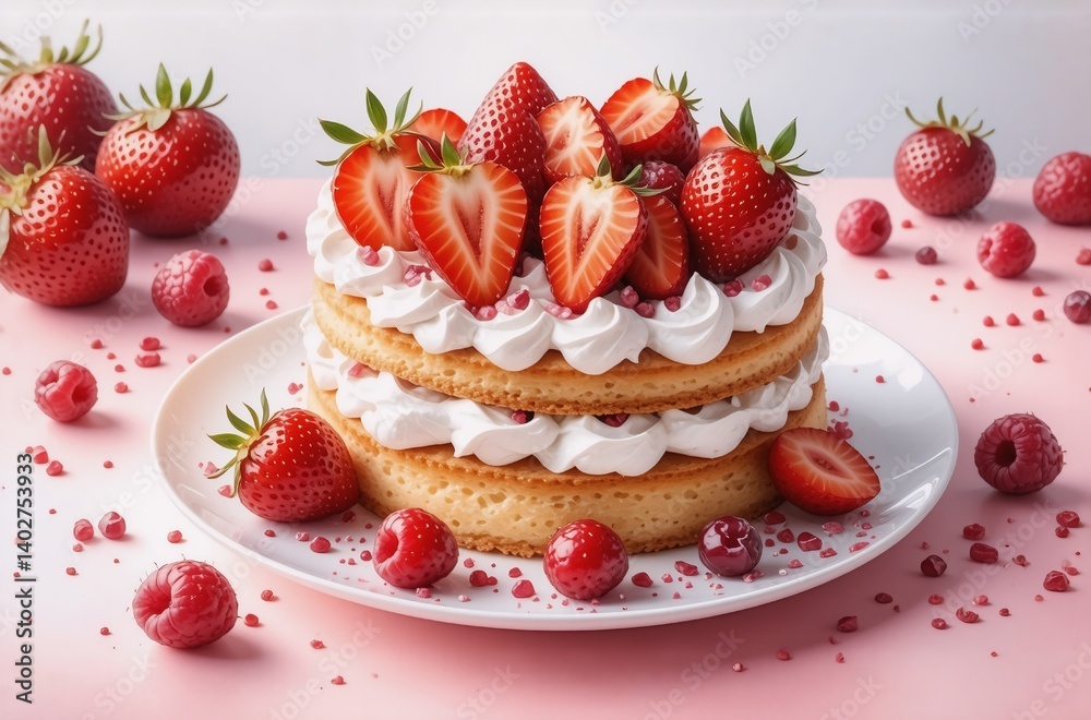 Poster A delectable two-layered cake adorned with fresh strawberries and raspberries, sits on a pink surface, surrounded by more berries and pink sprinkles.  Creamy frosting layers the cake.