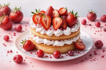 A delectable two-layered cake adorned with fresh strawberries and raspberries, sits on a pink surface, surrounded by more berries and pink sprinkles.  Creamy frosting layers the cake.
