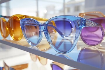 A display of sunglasses in various colors and styles is showcased on glass shelves at an outdoor shopping center. The glasses have clear frames with tinted lenses that reflect the sunlight. 