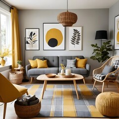 Obraz premium Cozy Living Room Interior with Mustard Yellow and Gray Accents