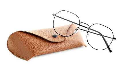 Case with stylish glasses isolated on white