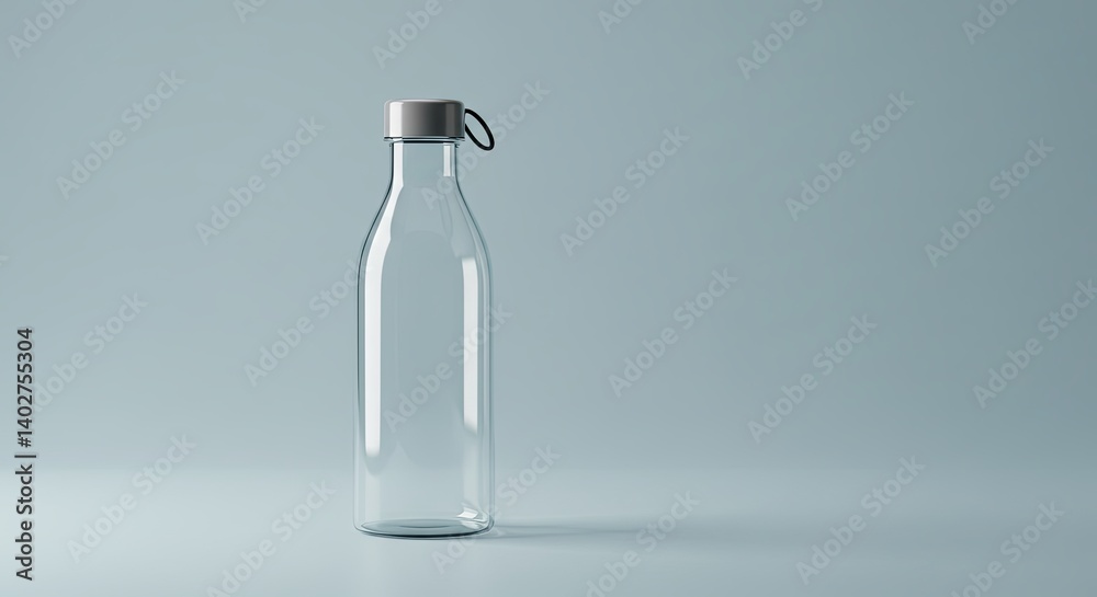 Poster a clear bottle with a silver cap sits on a table