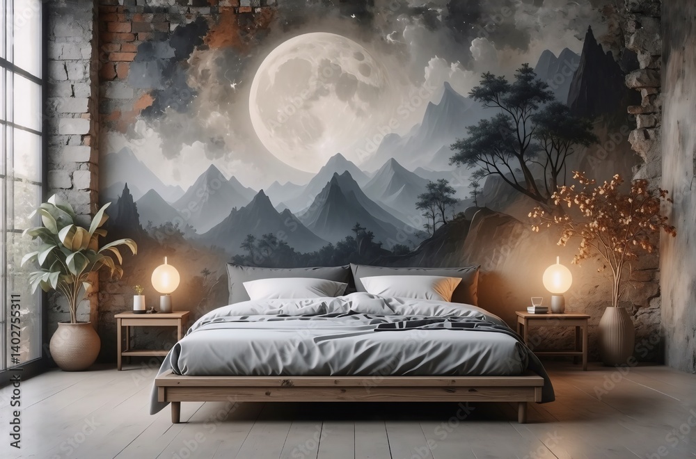 Poster Serene bedroom features a large-scale mural depicting a majestic full moon rising over a mystical mountain range.  The calming grayscale palette creates a tranquil atmosphere.