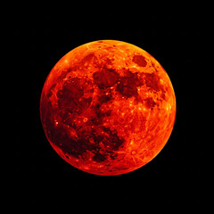 Naklejka premium Eerie Crimson Orb Dramatic Blood Moon Displaying Earth's Shadow and Atmospheric Filtering Against a Starless Night Sky