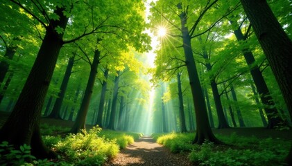 Obraz premium Serene forest canopy with dappled sunlight, serene, leafy