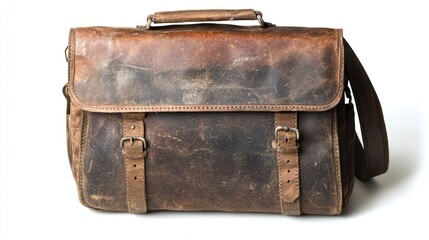 Distressed leather briefcase, studio shot, white background, travel luggage