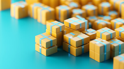 Obraz premium Bright yellow gift boxes arranged in colorful distribution strategy to meet demand