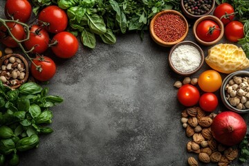 Fresh ingredients arranged for a vibrant culinary preparation on a textured surface