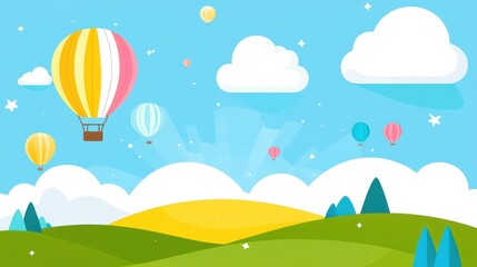 Colorful Hot Air Balloons Floating in a Bright Blue Sky with Clouds and Green Landscape