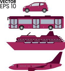 This vector features a bus, car, ship, and plane, representing land, sea, and air travel. Ideal for transport, travel, and logistics themes.