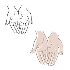 Two hands together with palms up, top view black and white outline and color. Gestures, hands clasped together. Religion, faith. Sketch. Close up top view