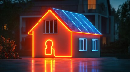 Futuristic neon house with solar panels and glowing plug icon showcasing a renewable energy concept for a sustainable and modern home of the future.