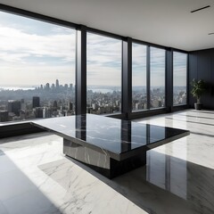 Fototapeta premium Modern Black Marble Table with City View