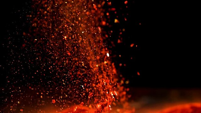 A cinematic slow-motion close-up shot of vibrant red chili powder exploding into the air against a deep, dark background.