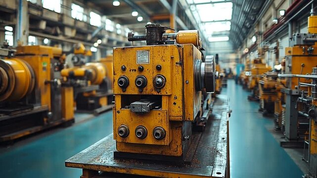 Industrial machinery in a spacious factory setting, showcasing operational equipment and tools
