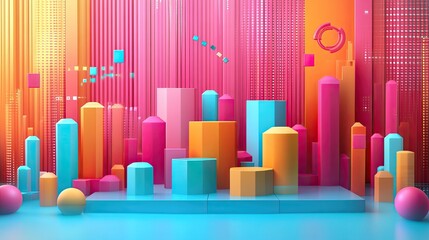 Obraz premium Abstract corporate growth design with geometric data points, 3D financial charts, and digital marketing elements on modern digital interfaces