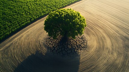 A tree growing in the center of cracked dry earth surrounded by fertile green fields