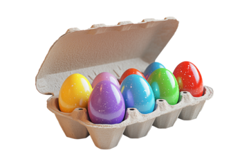 Carton holding colorful eggs in shades of purple, blue, yellow, green, red, and cyan, isolated on white transparent background, symbolizing Easter