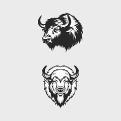 Bison Head Mascot Illustrations in Black and White Style