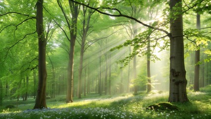 Obraz premium Green spring forest with sunrays shining through leaves