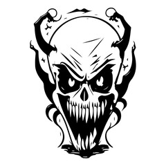 Sinister Skull Icon with Ringed Horns Symbolism