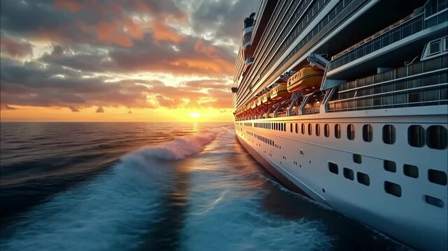 Cruise ship sailing into a stunning sunset over the ocean horizon