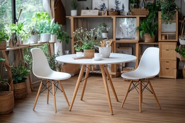 Obraz premium 5-piece Scandinavian style dining set with round white table, four chairs with natural wood legs, and white plastic seating.