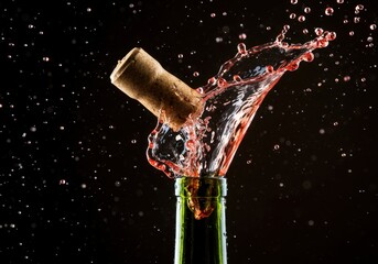 Celebrating national wine day. Cork popping from wine bottle with splash. Sparkling wine for celebration or special occasions such as party or anniversary