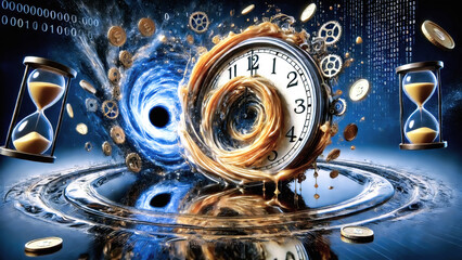 A swirling clock with golden fluid, gears, and hourglasses revolve around a black hole, evoking a cosmic sense of time and currency.