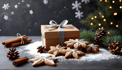 Christmas Gift with Gingerbread Cookies and Festive Decorations