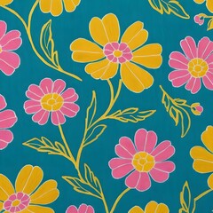 Teal Floral Fabric Texture with Pink and Yellow Flowers