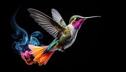Hummingbird in Flight with Colorful Smoke Trail