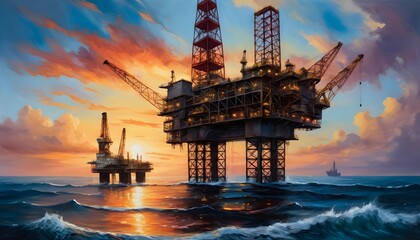 Offshore Oil Rig at Sunset